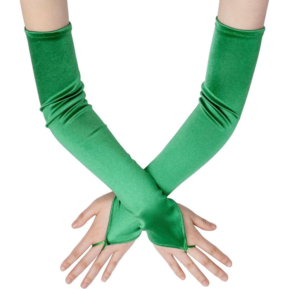 Women's Stretchy Dark Green Finger Loop Satin Fabric Gloves Opera Party Prom